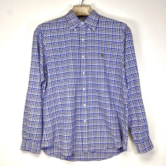 Ralph Lauren Mens Large Navy Blue White Plaid Shirt Long Sleeve Flesh Pony Logo